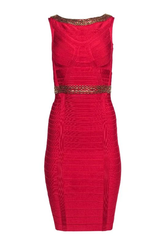 Herve Leger - Red Bandage Dress w/ Antiqued Gold Beaded Trim Sz XS Formal unclassified dresses