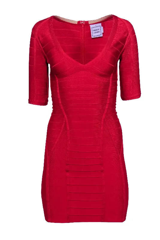 Herve Leger - Red Bandage V-neckline Dress Sz XS Open-back unclassified dresses