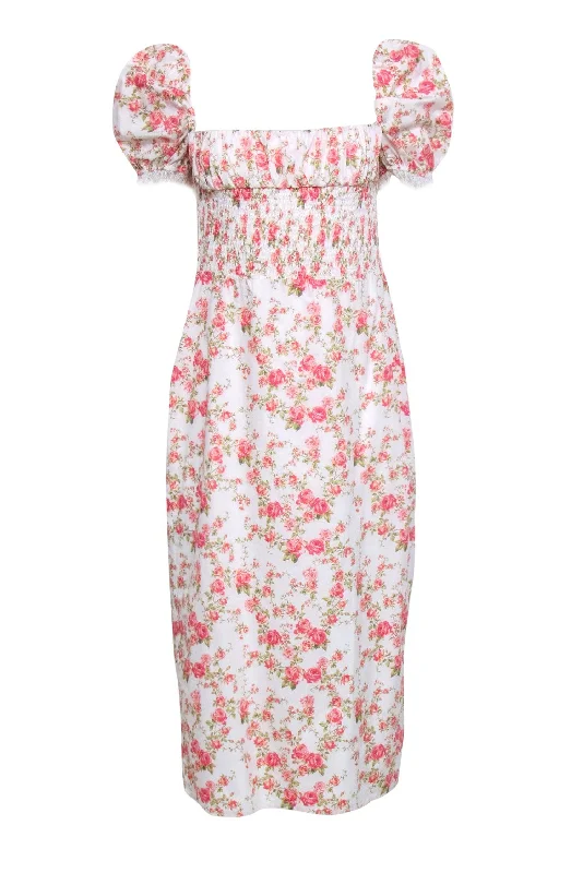 House of CB - Ivory w/ Rose Print Puff Sleeve Dress Sz L Sleeveless unclassified dresses