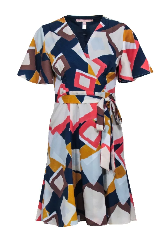 Hutch - Light Blue, Navy, & Coral Sleeve Abstract Print Wrap Dress Sz MP Lace unclassified dresses