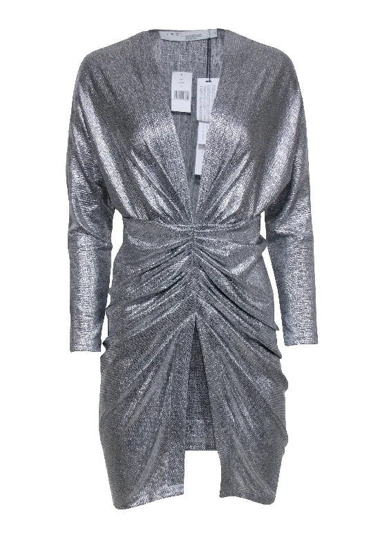 IRO - Silver Metallic V-Neck Ruched Dress Sz 4 Mesh unclassified dresses