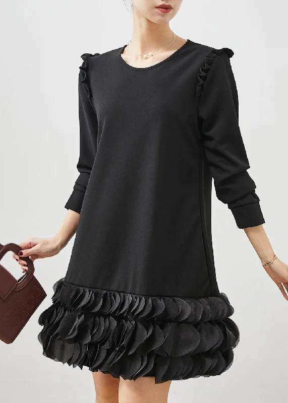 Italian Black Ruffled Patchwork Cotton Holiday Dress Spring Date night unclassified dresses