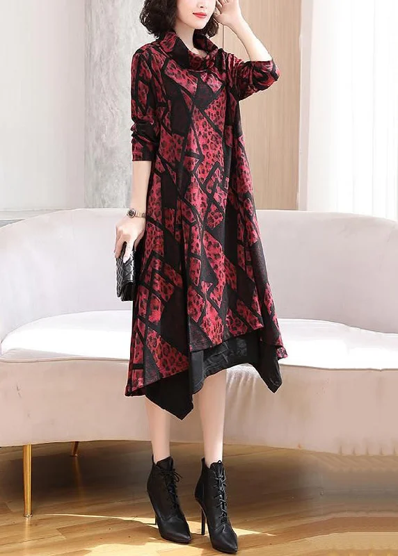 Italian Red Asymmetrical Print Patchwork Cotton Dresses Spring Bright color unclassified dresses