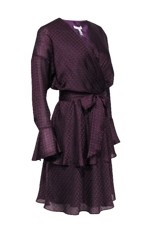 Joie - Plum Purple & Black Houndstooth Print Ruffled Dress Sz S One-shoulder unclassified dresses