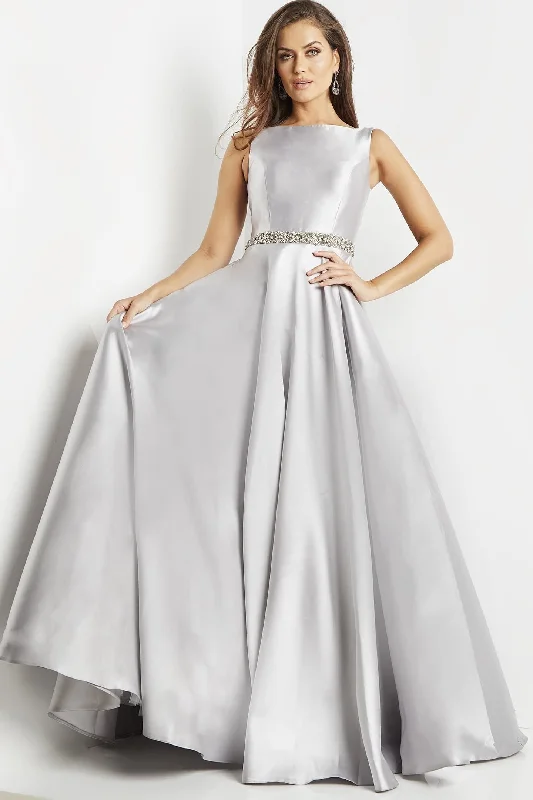 JOVANI 09077 Silver Mikado Modest A-Line Evening Gown Color block unclassified dresses