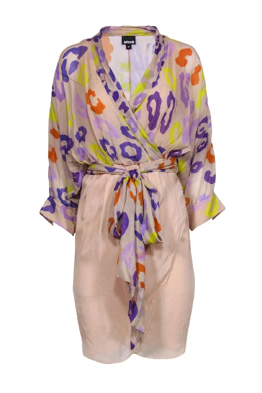 Just Cavalli - Nude Wrap Dress w/ Multi-Color Print Top Sz 2 Winter unclassified dresses