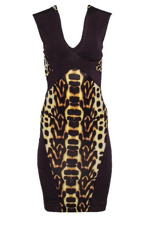 Just Cavalli - Leopard Print & Brown Sleeveless Open Back Dress Sz 4 Designer unclassified dresses