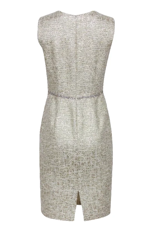 Kalinka - Ivory & Gold Tweed Sheath Dress w/ Gemstone Belt Sz 8 Knitted unclassified dresses