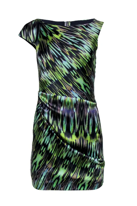 Karen Millen - Green & Purple Print Sleeveless Cowl Neck Sleevess Dress Sz 6 Flowy unclassified dresses