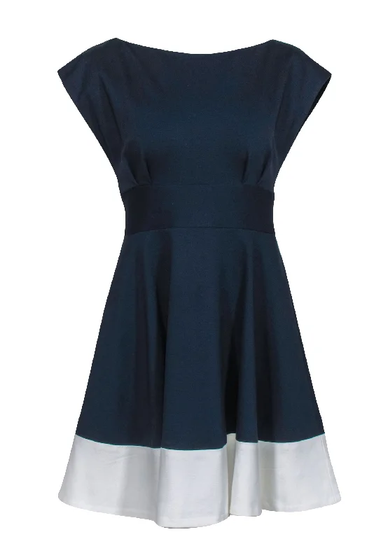 Kate Spade - Navy Colorblocked Fit & Flare Ponte "Fiorella" Dress w/ White Stripe Hem Sz S Gothic unclassified dresses