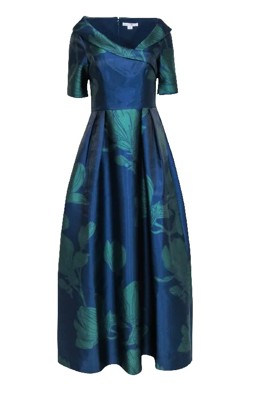 Kay Unger - Navy & Green Magnolia Print Gown Sz 8 Lace unclassified dresses