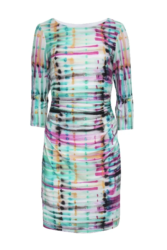 Kay Unger - Green Multicolor Abstract Print Ruched Dress Sz 8 Cocktail unclassified dresses