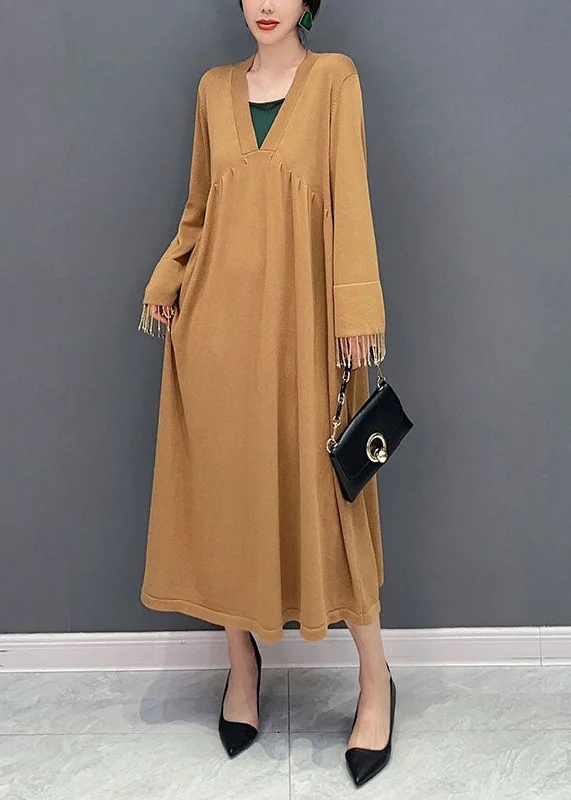 Khaki Patchwork Knit Ankle Dress Oversized Tassel Spring Best-selling unclassified dresses