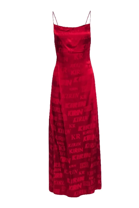 Kirin - Red Satin Cowl Neck Logo Print Formal Dress Sz 0 Petite unclassified dresses