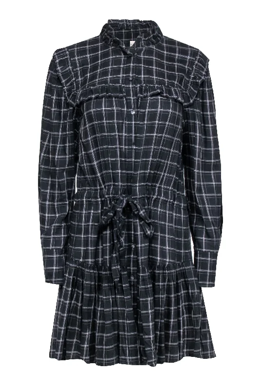 Rebecca Taylor - Black & White Plaid Dress w/ Ruffle Trim Sz L Ruffled unclassified dresses