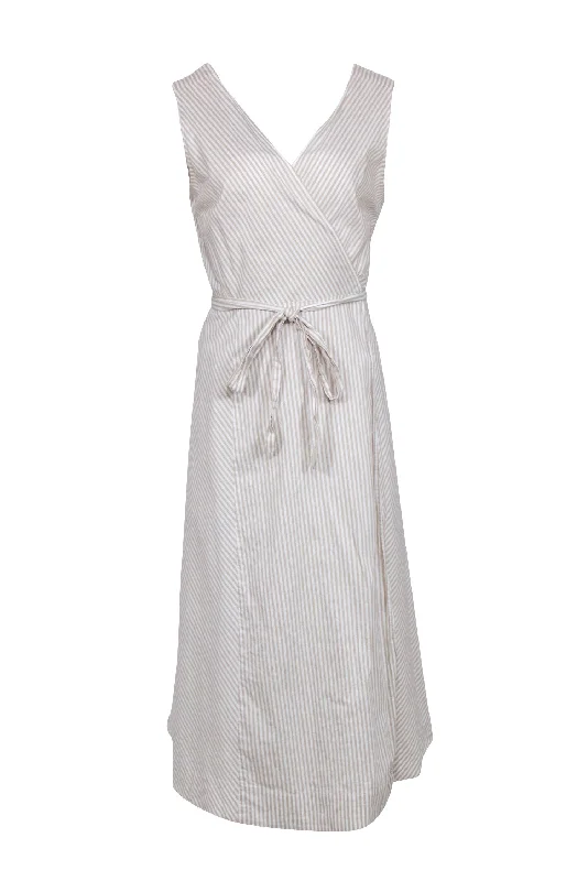 Lafayette 148 - Beige & White Stripe Sleeveless Dress Sz 10 Earthy tone unclassified dresses