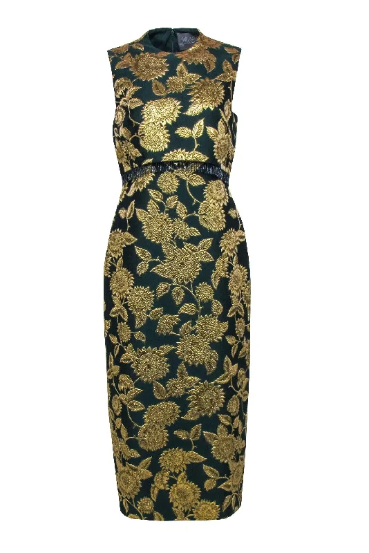 Lela Rose - Green & Gold Jacquard Beaded Trim Formal Dress Sz 6 Flowy unclassified dresses