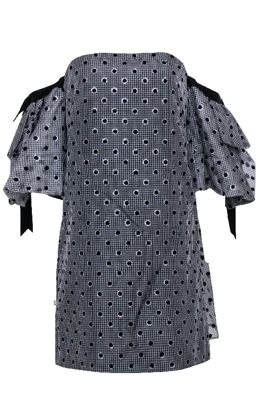 Lela Rose - Grey & Black Gingham w/ Polka Dot Detail Off The Shoulder Dress Sz 6 Sleeveless unclassified dresses