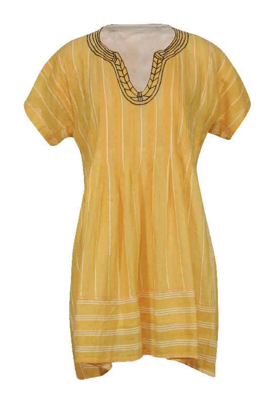 LemLem - Yellow Pinstripe Keyhole Ruffle Dress Sz S Embroidered unclassified dresses