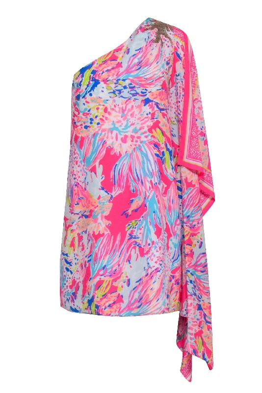 Lilly Pulitzer - Pink & Multi Color Print One Shoulder Shift Dress Sz 0 High-low unclassified dresses