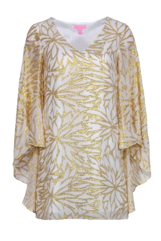 Lilly Pulitzer - White & Gold Metallic Print Cape Dress Sz 00 Boho unclassified dresses