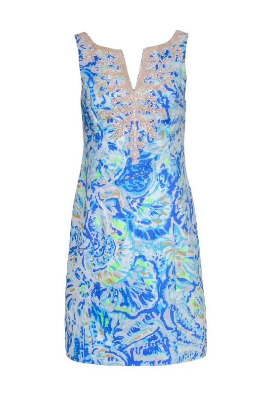 Lilly Pulitzer - Blue & Green Coral Print Shift Dress w/ Coral Embellishment Sz 4 Dark color unclassified dresses