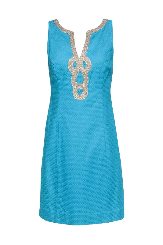 Lilly Pulitzer- Teal Textured Sleeveless w/ Gold Middle Applique Sz 6 Striped unclassified dresses