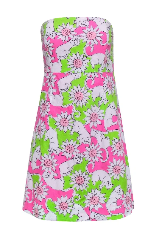 Lilly Pulitzer - Pink & Green Strapless Dress w/ Leopardsr Detail Sz 8 Embroidered unclassified dresses