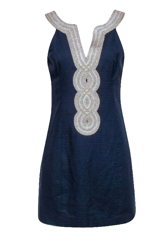 Lilly Pulitzer - Navy Textured Sleeveless Dress w/ Gold & Silver Middle Trim Sz 8 Chic unclassified dresses