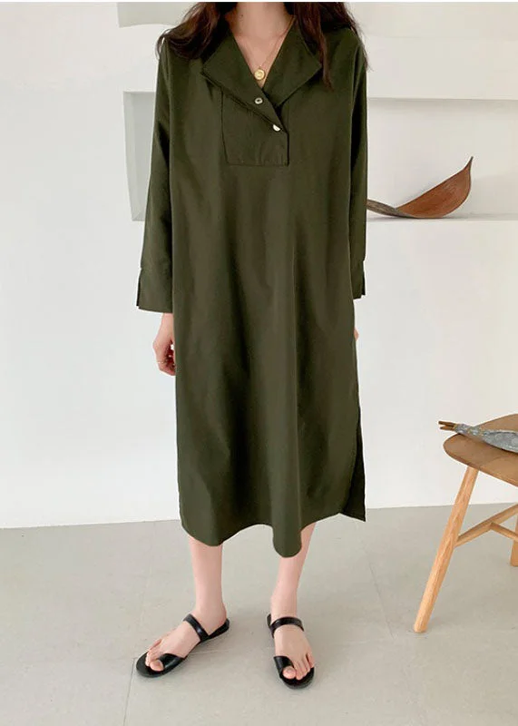 Loose Army Green V Neck Side Open Patchwork Cotton Dress Spring Long sleeve unclassified dresses