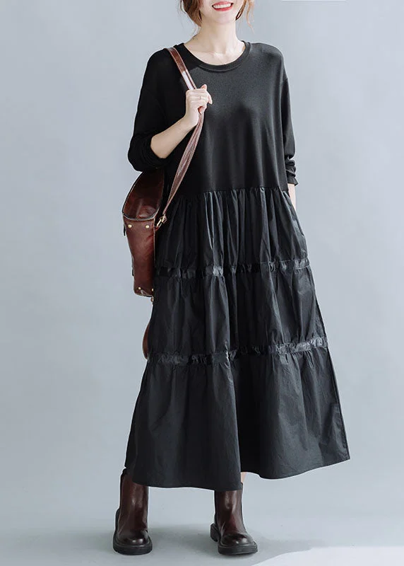 Loose Black O-Neck Patchwork Cotton Holiday Dress Spring Embroidered unclassified dresses