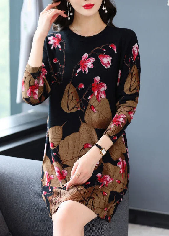 Loose Black O-Neck Print Knit Mid Dress Spring Bodycon unclassified dresses