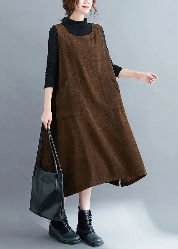 Loose Coffee U Neck Pockets Corduroy Strap Dress Spring Open-back unclassified dresses