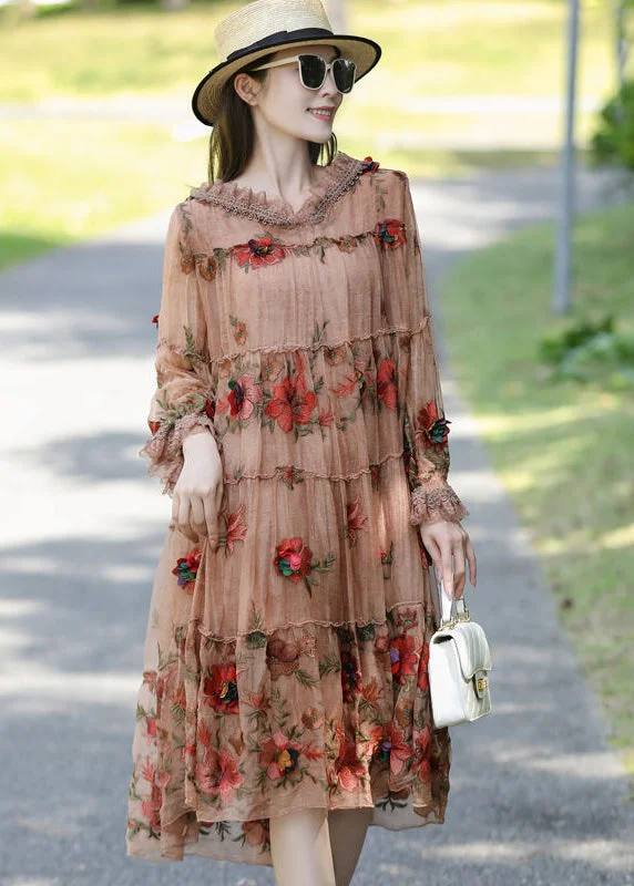 Loose Khaki Embroidered Patchwork Ruffled Silk Hooded Dress Spring Polka dot unclassified dresses