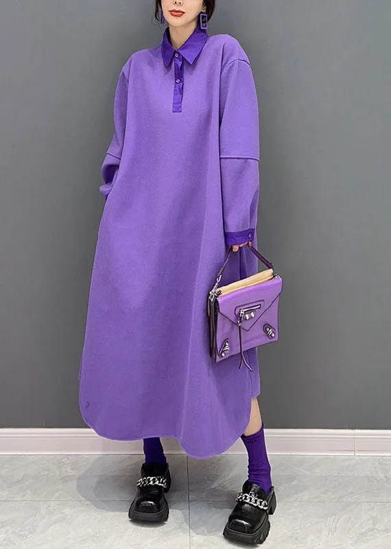 Loose Purple Peter Pan Collar Cotton Solid Dresses Spring Off-shoulder unclassified dresses