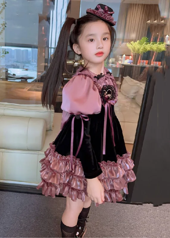 Lovely Purple Ruffled Patchwork Silk Velour Girls Mid Dress Spring Street style unclassified dresses