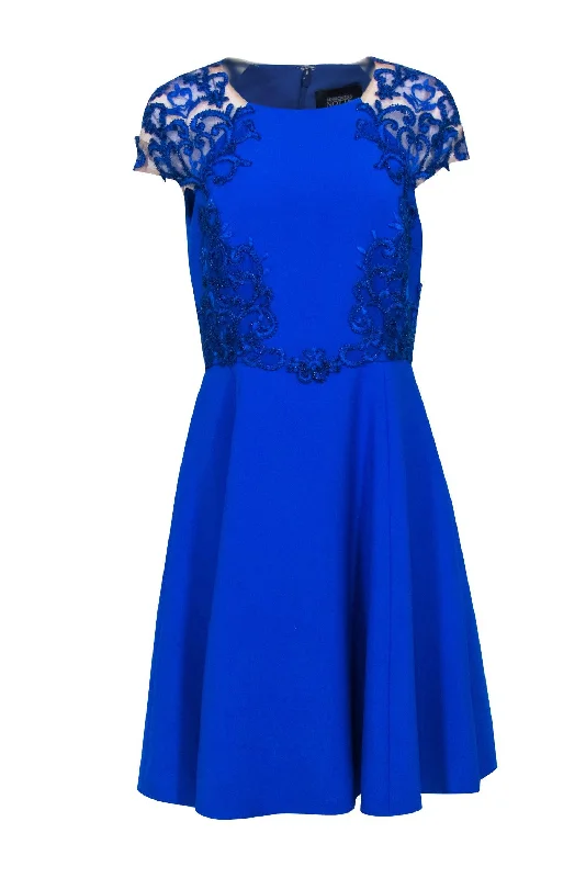 Marchesa Notte - Cobalt Blue Beaded Embroidery Cap Sleeve Dress Sz 8 Backless unclassified dresses