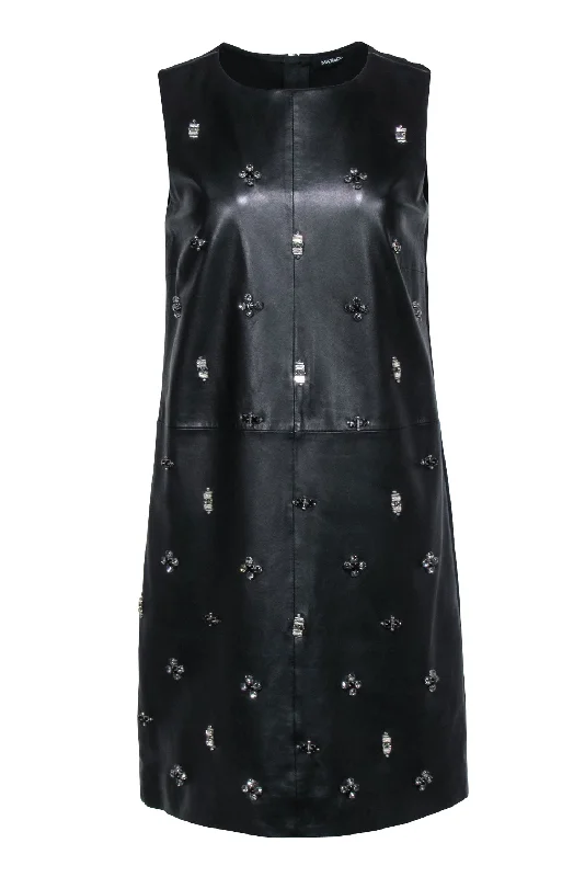 Max & Co - Black Leather Front w/ Crystal Embellishment Shift Dress Sz 8 Floral unclassified dresses