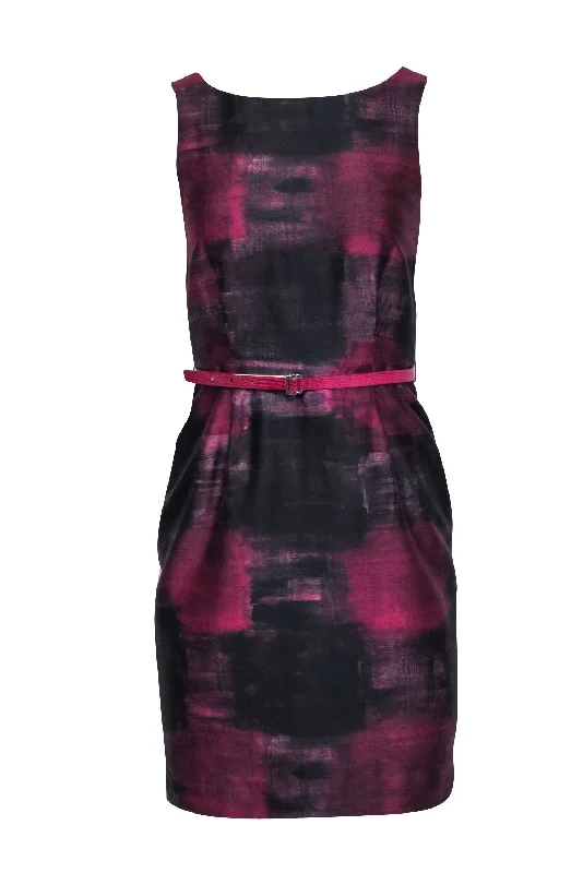 Max Mara - Plum Purple & Black Print Sleeveless Belted Dress Sz 4 Smocked unclassified dresses