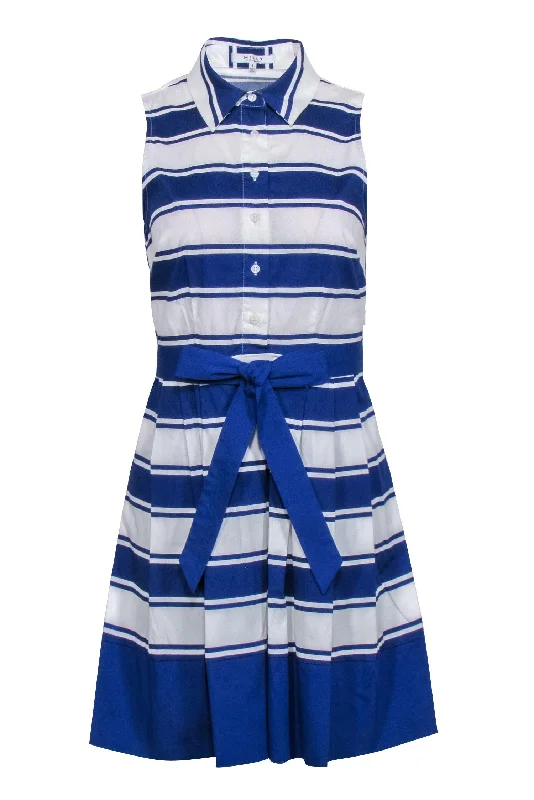 Milly - Sapphire Blue & White Striped Dress w/ Belt Sz 4 Printed unclassified dresses