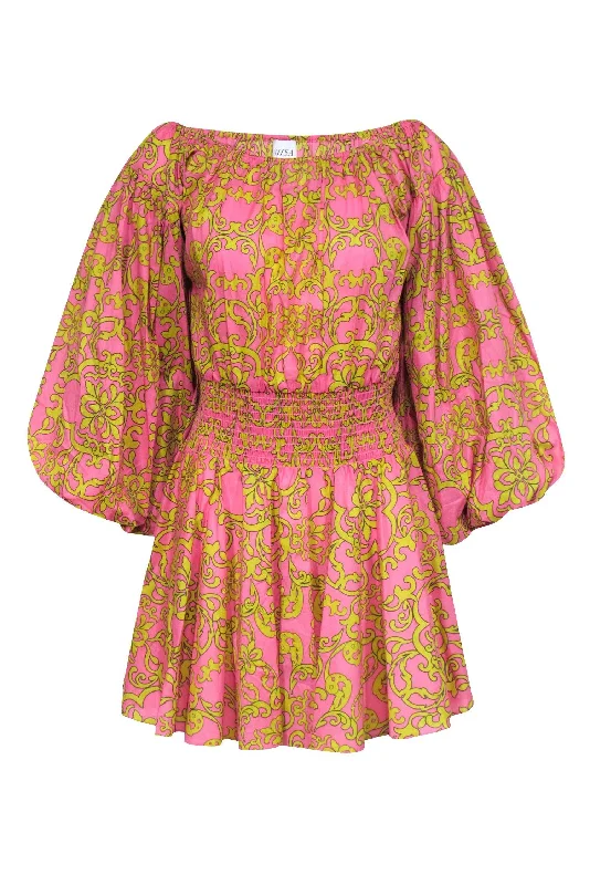 MISA Los Angeles - Pink & Yellow Smock Waist Off the Shoulder Dress Sz S High-low unclassified dresses