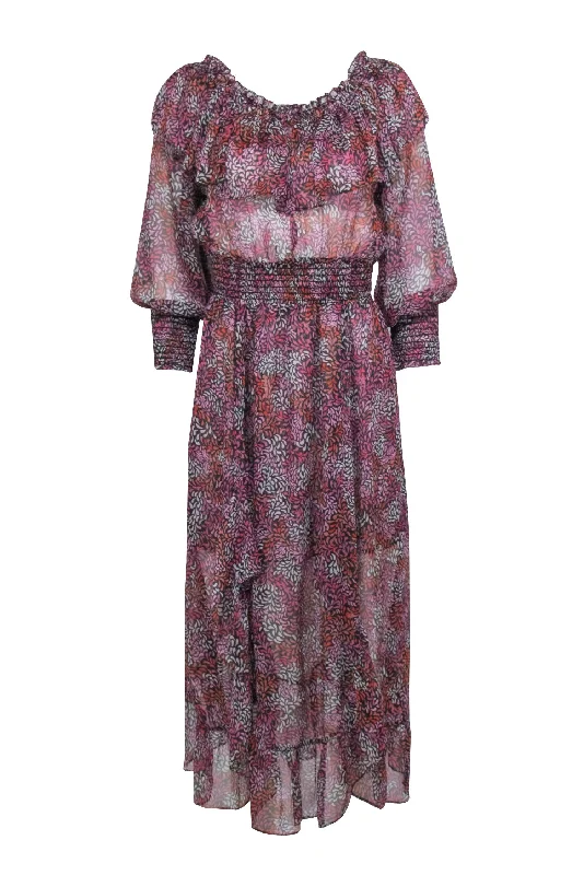 Misa Los Angeles - Black, Pink, & Orange print Semi Sheer Off The Shoulder Dress Sz S Corset unclassified dresses