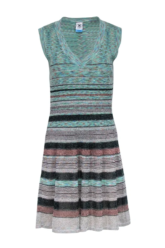 Missoni - Green & Brown Metallic Striped Ribbed Knit Sleeveless Dress Sz 8 Smocked unclassified dresses