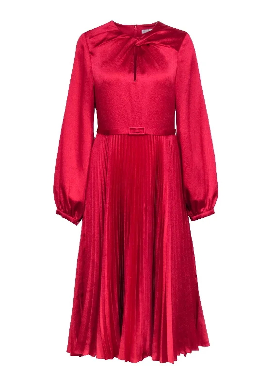 Monique Lhuillier - Fuschia Hammered Satin Pleated Dress w/ Belt Sz 10 Off-shoulder unclassified dresses