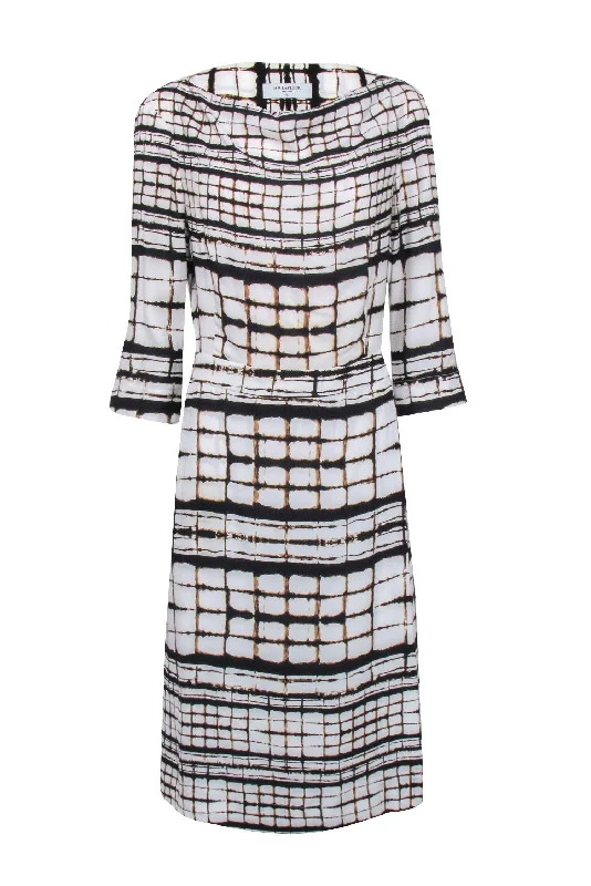 M.M. Lafleur - White w/ Brown Square Print Cowl Neck Dress Sz 14 Earthy tone unclassified dresses