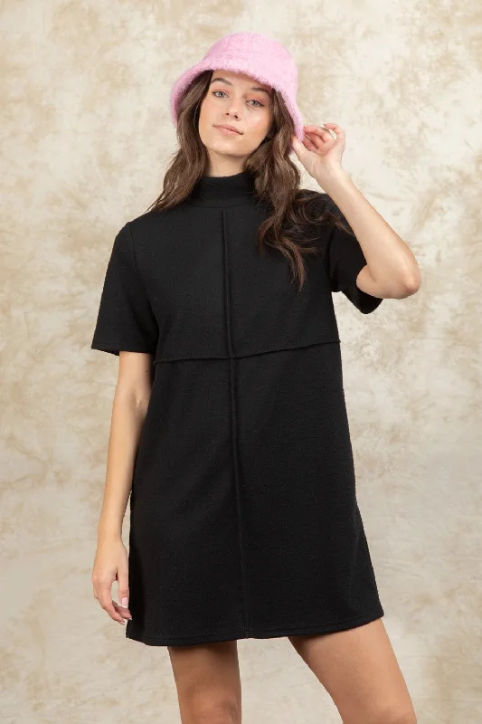 Mock Neck Front Seam Dress Black Pastel unclassified dresses