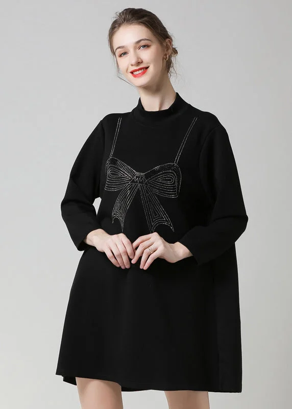 Modern Black High Neck Ruffled Patchwork Bow Cotton Robe Dresses Spring Lounge unclassified dresses