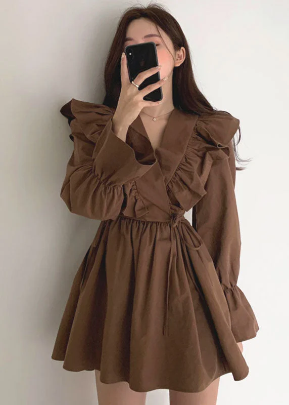 Modern Chocolate V Neck Ruffles Tie Waist Cotton Vacation Dress Spring Everyday wear unclassified dresses