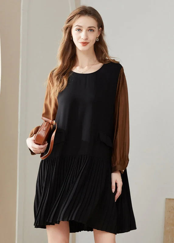 Modern Colorblock O-Neck Oversized Patchwork Chiffon Pleated Dress Spring Everyday wear unclassified dresses