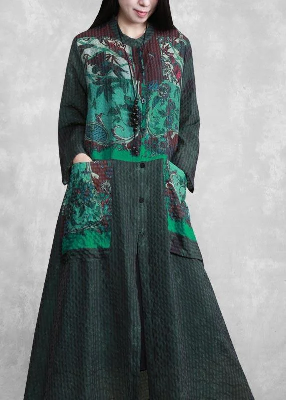 Modern Stand Collar Spring Tunics Sewing Green Print A Line Dress Designer unclassified dresses